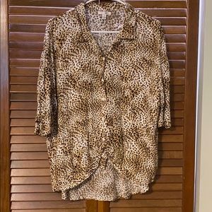 Short sleeve button down front tie blouse